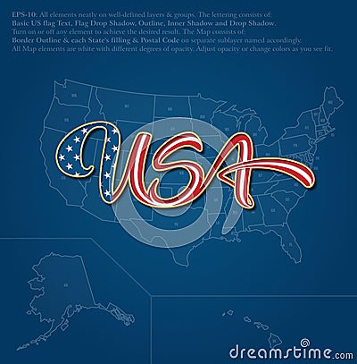 USA Flag Caligraphic Text over US Map - Blue Vector Illustration